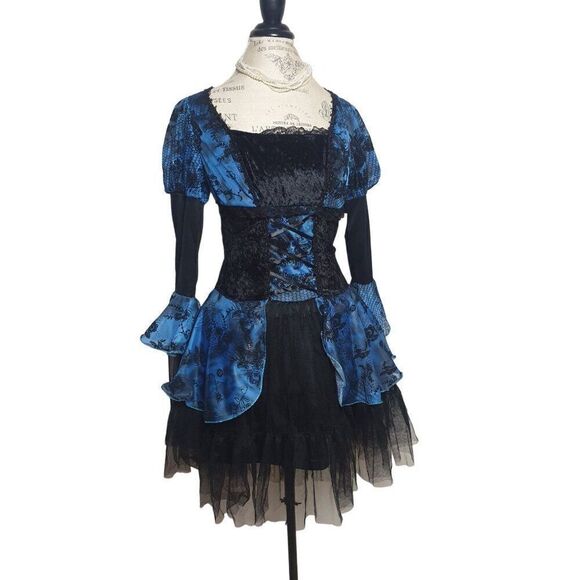 Womens Gothic Witch Blue & Black Lace Corset Dress Size S Halloween Costume NWT - Picture 1 of 6